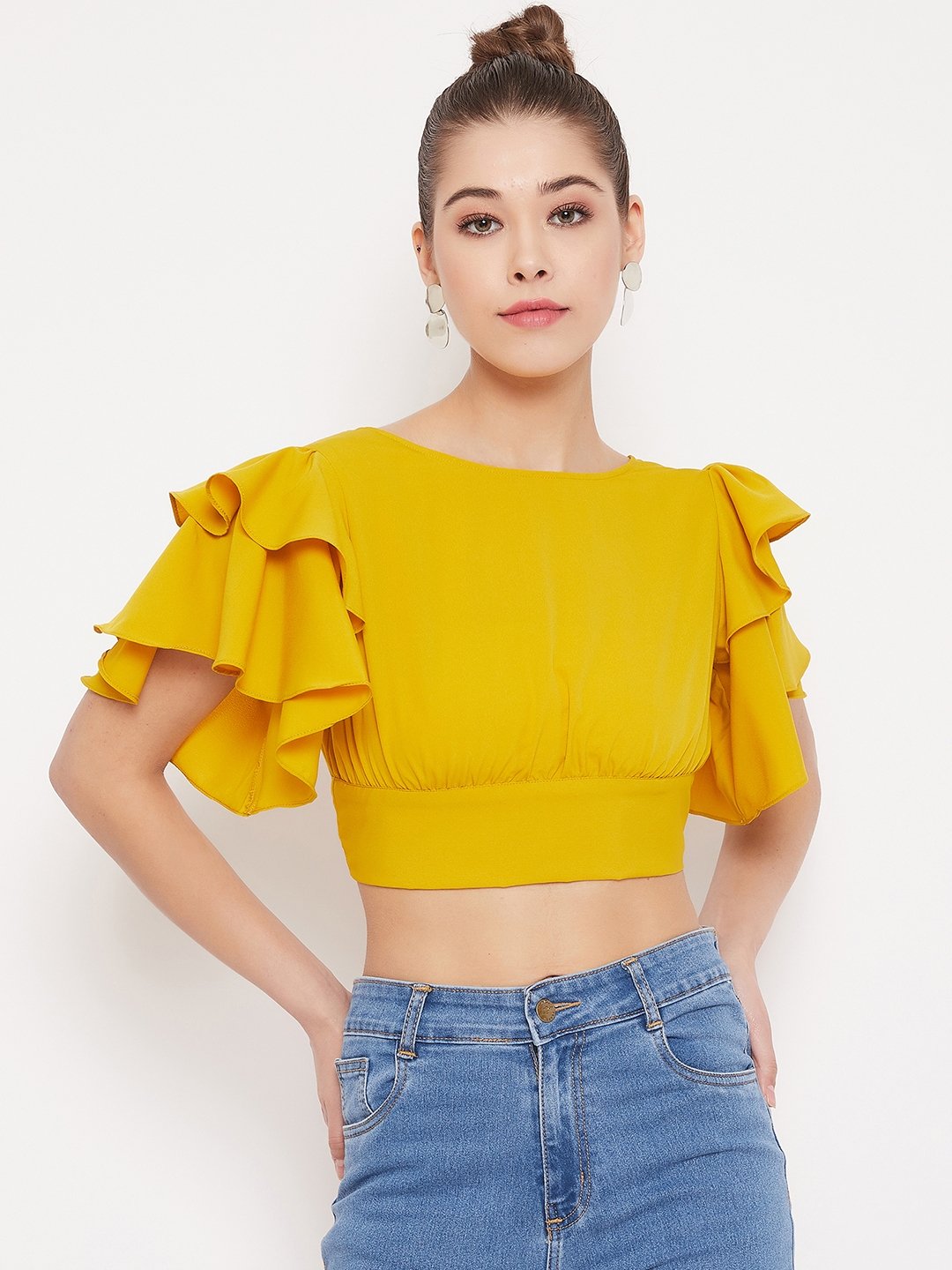 Solid Yellow Ruffle Sleeves Back Tie Top